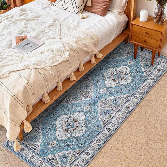 COMSLE Boho Runner Rug, 2x6 Washable Rugs for Hallway Faux Wool Small Throw Rug Distressed Kitchen Area Rug Non-Slip Laundry Room Rug Carpet Runner for Entryway Indoor Bedroom (Light Blue)