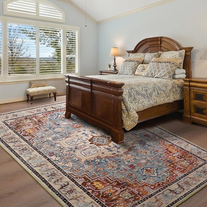 8x10 Large Area Rugs for Living Room, Washable Vintage Rugs-Low Pile Carpet, Non-Slip Soft Distressed Printed Patterns Rugs for Bedroom, Dining Room, Rust Brown