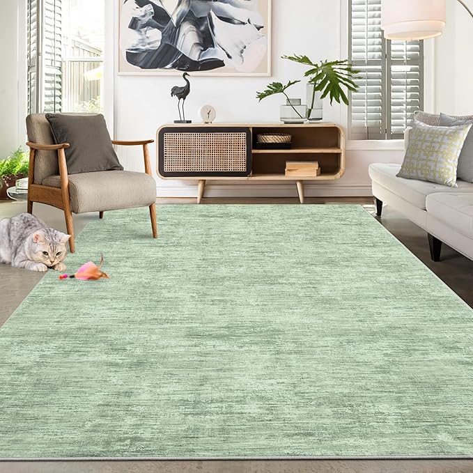 RUGSREAL 8x10 Washable Rug for Living Room Non-Slip Modern Abstract Area Rug Stain Resistant Large Bedroom Carpet Contemporary Accent Throw Floor Carpet Solid Rug for Dining Room Home Decor, Green