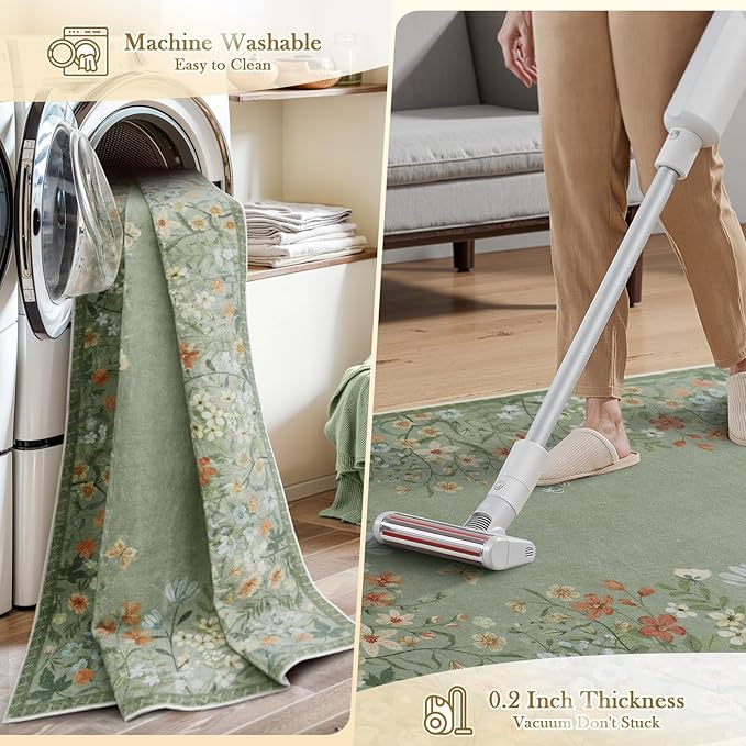 Wonnitar 2x6 Runner Rug for Hallways, Green Floral Bathroom Rugs Non Slip Washable Kitchen Runner, Low Pile Soft Botanical Runner for Girls Bedroom Laundry Room Bedside (Green,2'x6')