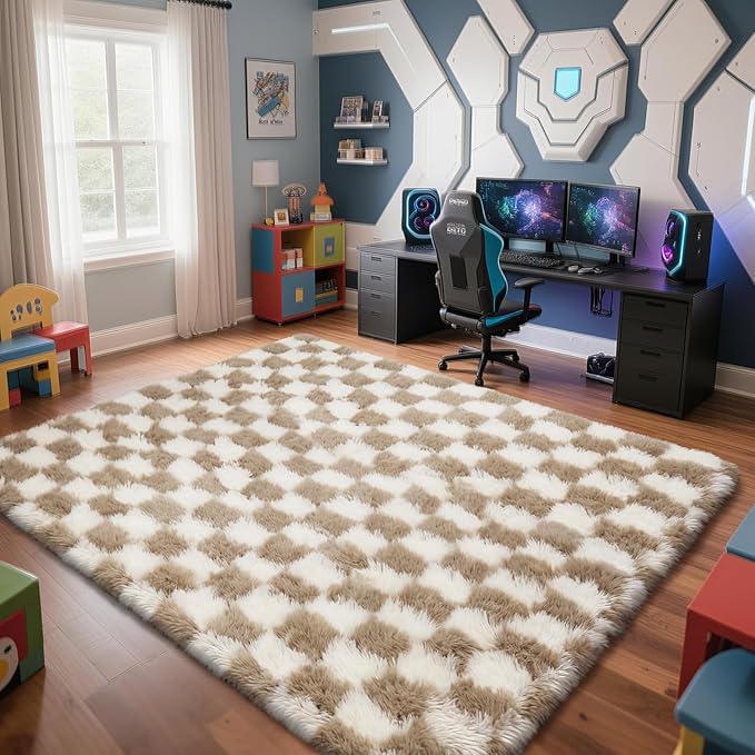 Checkered Rug for Living Room, 8x10 Beige and White Area Rugs, Classic Checkered Carpets Shaggy Area Rug, Bedside Rugs for Living Room Bedroom Kids Room Home Decor