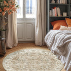 jinchan Fiora Round Rug 6ft Area Rug - Taupe Vintage Floor Mat Indoor Ultra-Thin Soft Floral Print - Washable Circle 6' Retro Accent for Farmhouse Non Slip Dining Room Living Room Bedroom Office