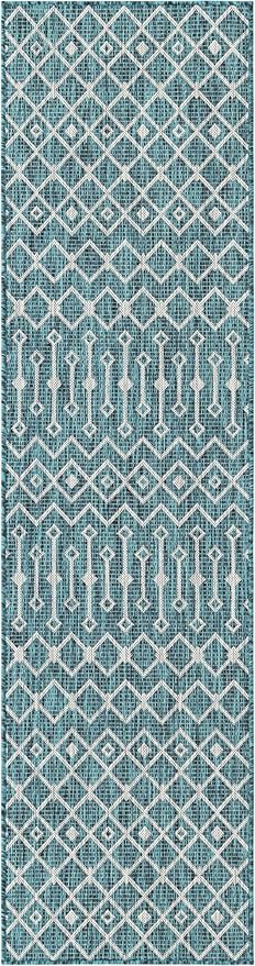 Unique Loom Outdoor Trellis Collection Area Rug - Tribal Trellis (2' x 8' Runner, Teal/ Ivory)