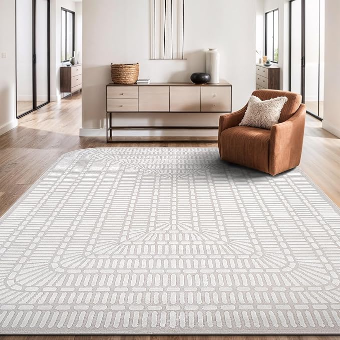Beverly Rug Modern Geometric Area Rug 8x10 Low-High Pile Durable Soft Abstract Grid Indoor Rugs for Living Dining Room Office Stain Resistant Non Shedding Casual Indoor Carpet Beige White 8 x 10