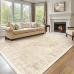Beige Farmhouse Distressed 8x10 Area Rugs for Living Room, Washable Non Slip Bedroom Rugs Under Bed Faux Wool Soft, Natural Medallion Pinted Thin Carpet for Dining Room Home Office