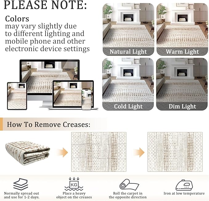 8x10 Machine Washable Area Rug for Living Room, Brown White Vintage Moroccan Rug Large Non-Slip Low Pile Soft Faux Wool Carpet, Kids and Pets Friendly for Bedroom Dining Room Farmhouse Home Decor Rug