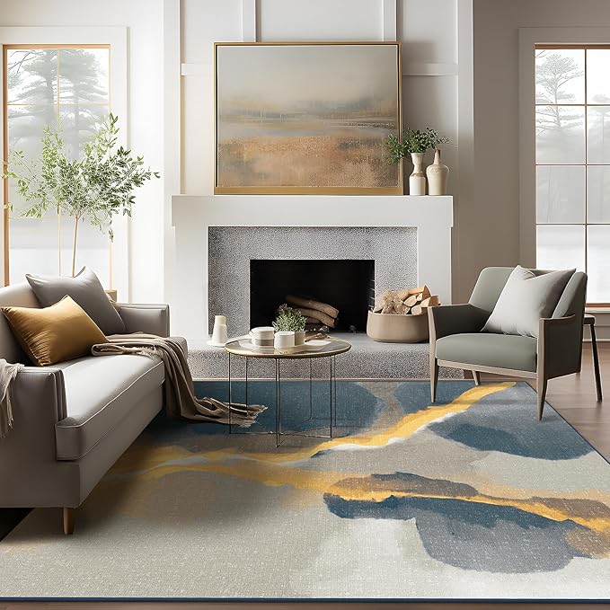 Phantoscope Washable Area Rug 6'x9' Non-Slip, Vintage Modern Boho Rugs for Living Room, Bedroom, Dining Room, Cloudscape Golden Horizon Pattern, Low-Pile Foldable Floor Carpet, Deep Grey/Gold