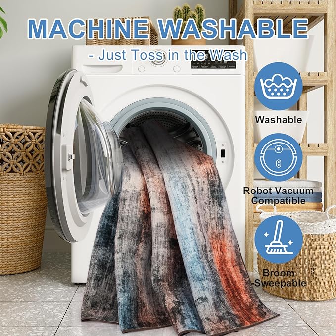 WILLSUN Washable Area Rugs, 5x7 Non-Slip Boho Large Area Rugs for Living Room, Bedroom, Machine Washable Vintage Rug, Indoor Floral Print Carpet for Home Decor, Kid & Pet Friendly Mat