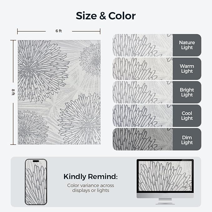 WITSHOCK 6x8 Washable Rug for Living Room,Modern Floral Distress Print Pattern Area Rugs,Stain Resistant with Non Slip Backing Carpet for Dining Room,Bedroom & Home Decor,Grey White