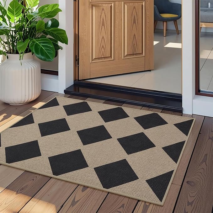 Checkered Easy Jute Entryway Rug 2x3 Indoor Outdoor Front Door Mat Washable Non Slip Farmhouse Neutral Low Pile Small Rug for Entryway Proch Kitchen