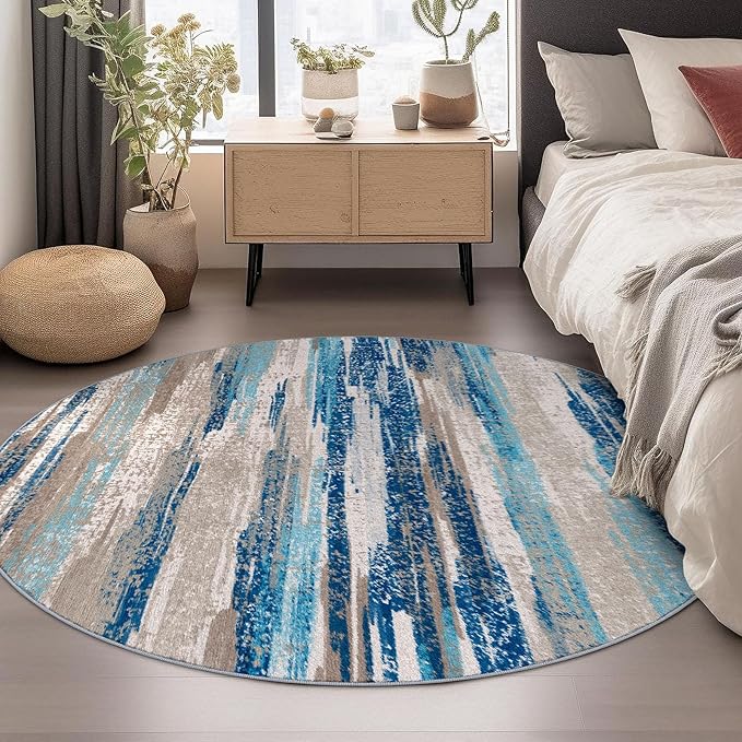Modern Abstract Round Rug 6Ft, Blue Round Rug Washable Non-Slip Soft Small Circle Rug, Circular Dining Room Rugs Thin Print Faux Wool Carpet for Bedroom Living Room Office Playroom