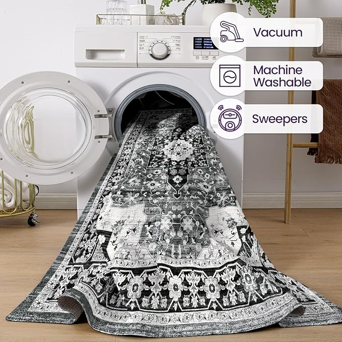 DEXI 6x9 Area Rug for Living Room, Washable Vintage Farmhouse Thin Rug Indoor Floor, Non Slip Stain Resistant Low Pile Carpet for Dining Room Bedroom Office, White Grey