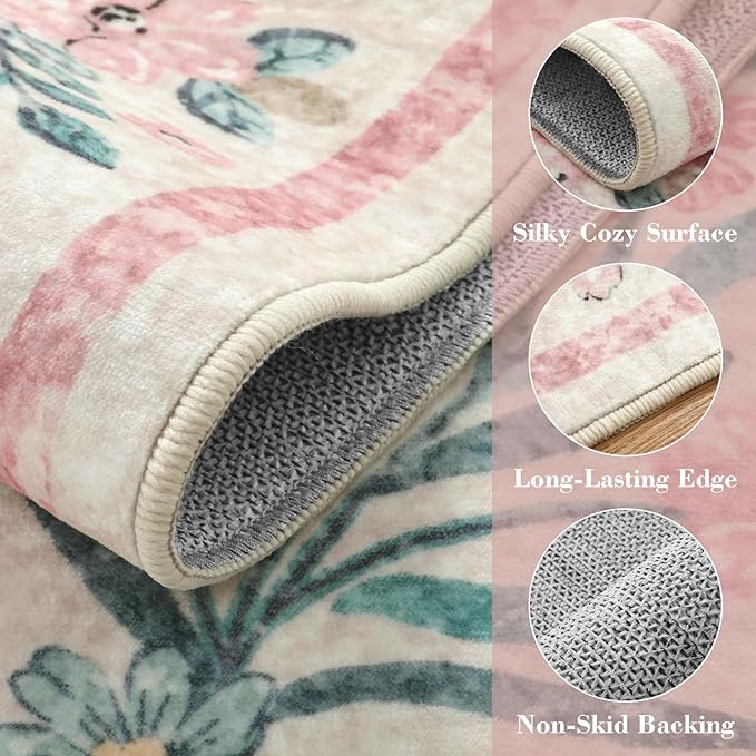 Wonnitar 8x10 Washbale Rugs for Living Room, Boho Pink Room Decor for Girls Bedroom, 8 x 10 Soft Non Slip Low Pile Indoor Floral Carpet for Kids Room Playroom Toddler Nursery