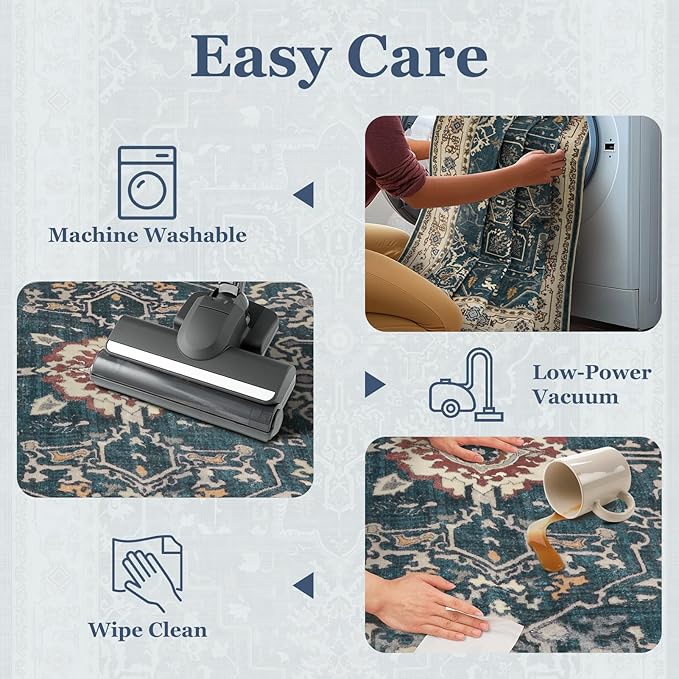 Farmhouse Distressed 3x5 Area Rugs for Entryway Foyer, Washable Non Slip Low Pile Throw Rugs for Kitchen, Vintage Medallion Pinted Carpet for Bedroom/Bathroom/Home Office, Deep Blue/Multi