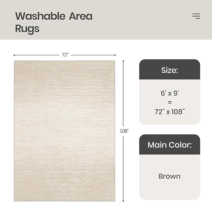 Valenrug Washable Rug 6x9 - Stain Resistant 6x9 Area Rugs for Living Room, Non Slip Backing Rugs for Bedroom, Folable Gradient Printed Machine Washable Area Rug (6'x9', Brown)