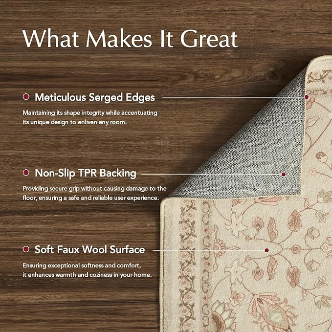 EVERGRACE Area Rugs for Living Room 3x5, Boho Floral Faux Wool Indoor Outdoor Rugs, Washable Rugs for Bedroom Entryway Dining Room Hallyway, Low Pile Floor Mat Carpet for Home Decor, Natural Beige