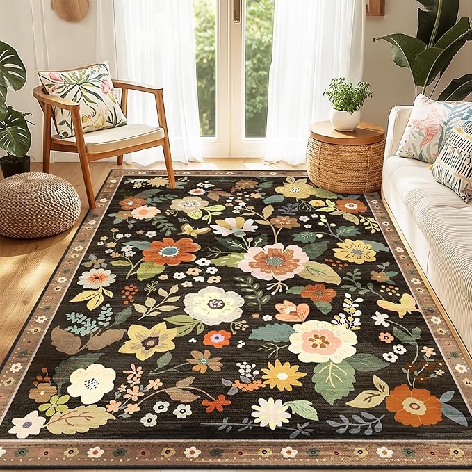 Floral 3x5 Area Rug Machine Washable Soft Print Boho Carpet Non Slip Doormat Low Pile Flower Area Rugs for Living Room Bedroom Nursery Kitchen Dining Room Indoor-Black/Yellow/Red