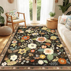 Floral 4x6 Area Rug Machine Washable Soft Print Boho Carpet Non Slip Doormat Low Pile Flower Area Rugs for Living Room Bedroom Nursery Kitchen Dining Room Indoor-Black/Yellow/Red