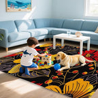 Black Floral Washable Living Room Area Rug, Low Profile Abstract Pattern, Non-Slip Backing Carpet for Kitchen, Bedroom, Dining Room
