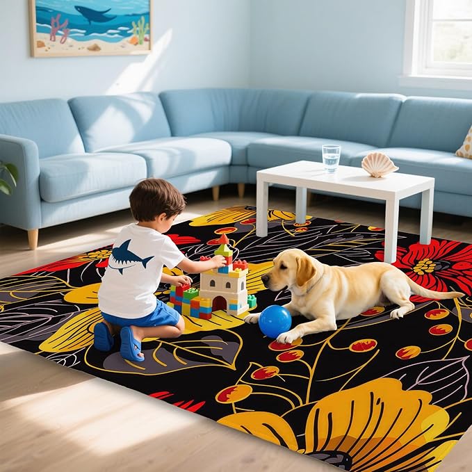 Black Floral Washable Living Room Area Rug, Low Profile Abstract Pattern, Non-Slip Backing Carpet for Kitchen, Bedroom, Dining Room