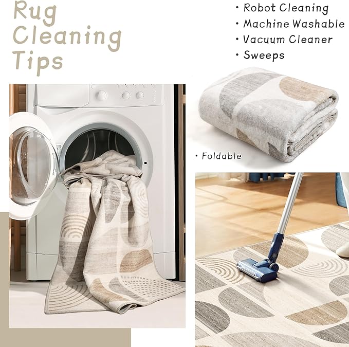 MUJOO Boho Runner Rug Washable,2x6 Area Rugs for Hallways Kitchen Bathroom Bedroom Entryway,Non Slip Carpet Long Mat Indoor,Soft Modern Abstract Bohemian Neutral Beige