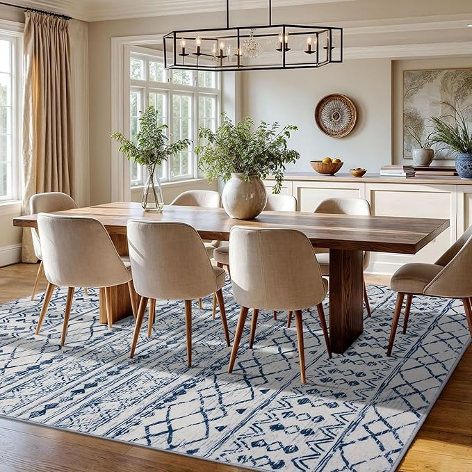 KUTA Moroccan 8x10 Rugs for Living Room Blue White, Washable Boho Area Rug Non-Slip, Ultra Soft Geometric Tribal Traditional Farmhouse Carpet for Dining Room Bedroom Dorm Office Home Decor