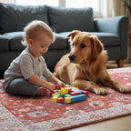 Area Rug 4x6, Washable Faux Wool Throw Rugs for Living Room, 0.3″ Non Slip Low Pile Vintage Boho Carpet for Ding Room, Home Office, Bedroom, Kids Room, Bedside (Red)