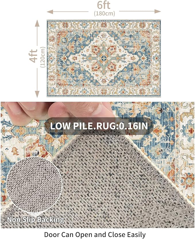 Enkor Area Soft Rugs 4x6 Washable Non Slip Boho Floor Rugs for Living Room Bedroom, Vintage Style Farmhouse Mat for Kitchen Entryway Orange & Blue