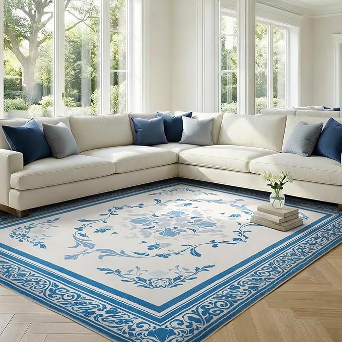 SOULFUL Medium Pile 4x6 Rugs for Living Room - Cozy Soft Underfoot Area Rug - Blue Boho Floral - Washable Non-Slip - Perfect for Bedroom Kids Room Under Dining Table Office
