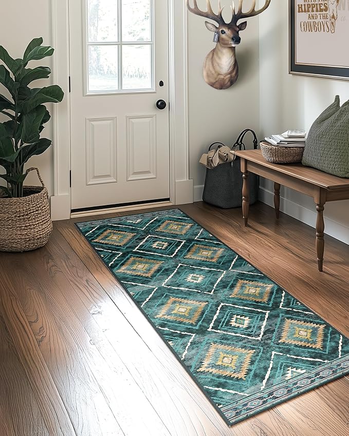 Area Rug 2x8 Rug Machine Washable Non-Slip Low Pile Print Pattern Western Rug for Living Room Bedroom Entryway Tribal Series -Teal/Green
