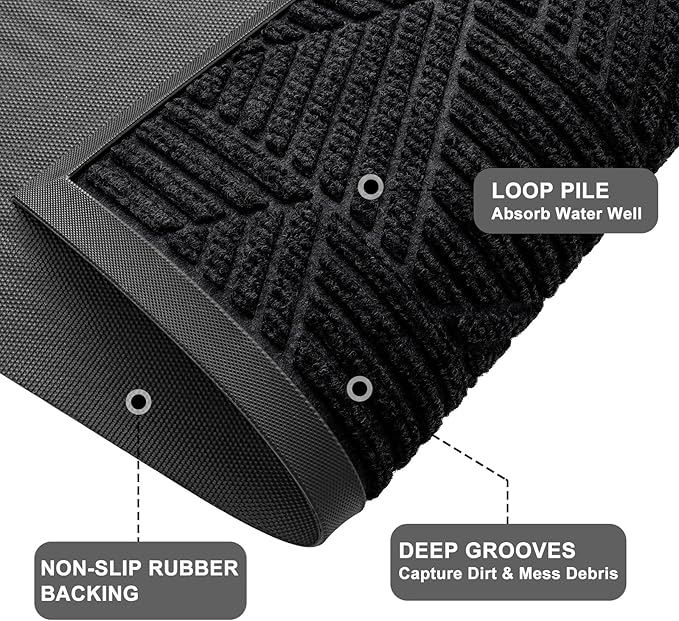 Kitinjoy Front Door Mat Outside Entrance, Sturdy Natural Dirt Trapper, Heavy Duty Rubber Doormat, Low Profile Non-Slip Backing, Easy Clean Floor Mat for Indoor Outdoor Entry, 35X23 Inch, Black