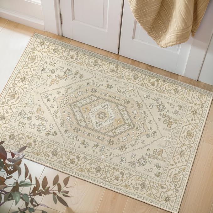 SERISSA Boho Rugs for Entryway, 2x3 Beige Entryway Rug Non-Slip Washable Small Area Rug, Ultra Soft Oriental Vintage Low-Pile Indoor Door Mat Floor Carpet for Entrance Bedroom Kitchen Bathroom