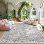 Lahome Floral Washable Rugs 8x10, Soft 8x10 Area Rugs for Living Room Bedroom, Boho Non-Slip Forest Stain Resistance Large Throw Carpet for Farmhouse Dining Room Office, Beige/Blue