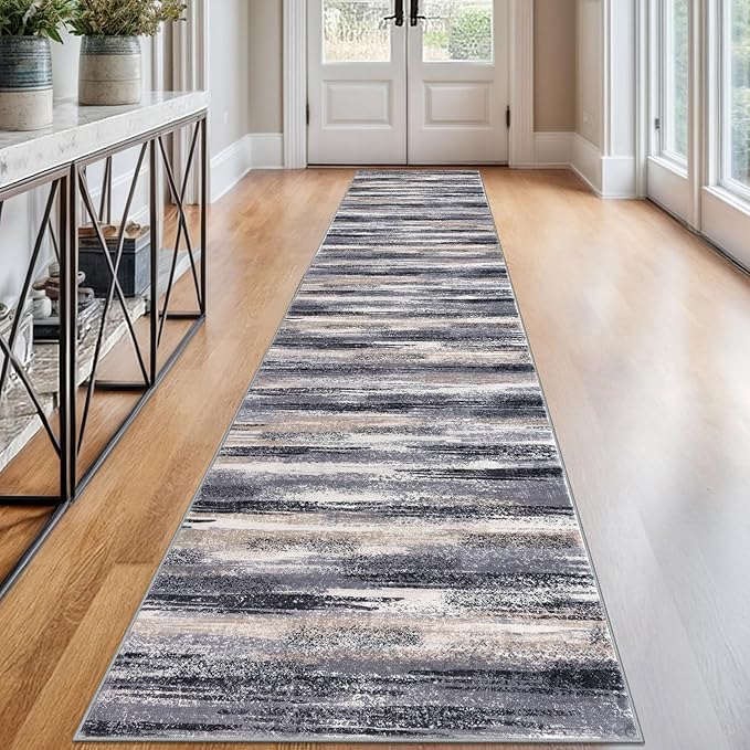 Modern Abstract Runner Rug 2.6x12, Grey Black Multi Washable Long Kitchen Runner Non-Slip Soft Hallway Rug Runner Thin Print Faux Wool Carpet for Entryway Bedroom Laundry Room Indoor Home Decor