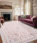 YIHOUSE Pink Floral Print Rugs, Moroccan Trellis 9x12 Washable Large Rug, Modern Pastel Non Slip Ultra-Thin Area Rug for Classroom, Nursery Playroom,Dorm,Bedroom,Living Room, Pink Multi