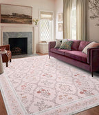 YIHOUSE Pink Floral Print Rugs, Moroccan Trellis 9x12 Washable Large Rug, Modern Pastel Non Slip Ultra-Thin Area Rug for Classroom, Nursery Playroom,Dorm,Bedroom,Living Room, Pink Multi