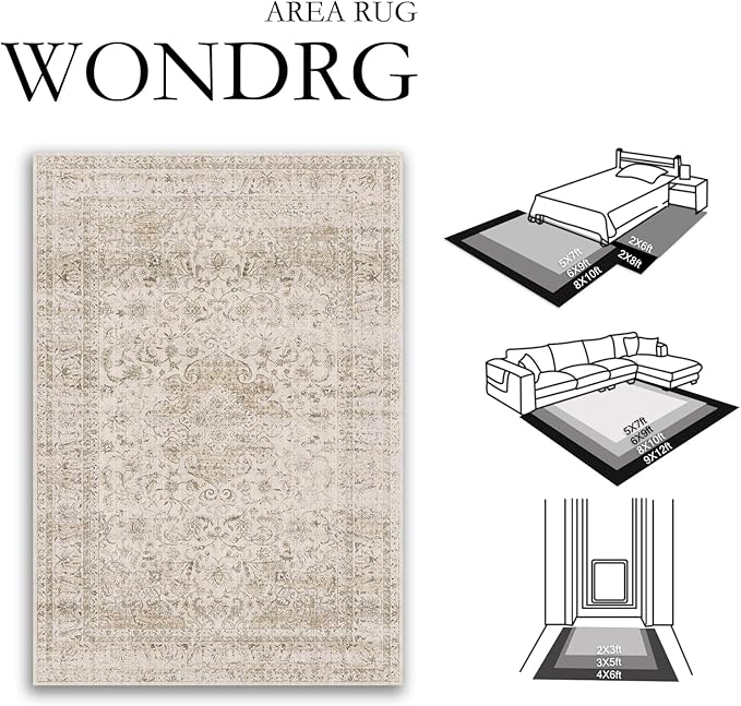 2x6 Washable Beige Runner Rug Vintage Hallway Kitchen Carpet Non-Slip Soft Low Pile Distressed Throw Rug for Bedroom Bathroom Laundry Living Room
