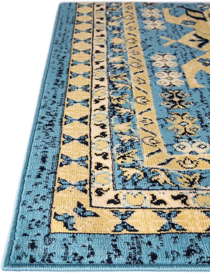 Unique Loom Taftan Collection Border Geometric Tribal Inspired Design Area Rug (9' 0 x 12' 0 Rectangular, Light Blue/ Gold)
