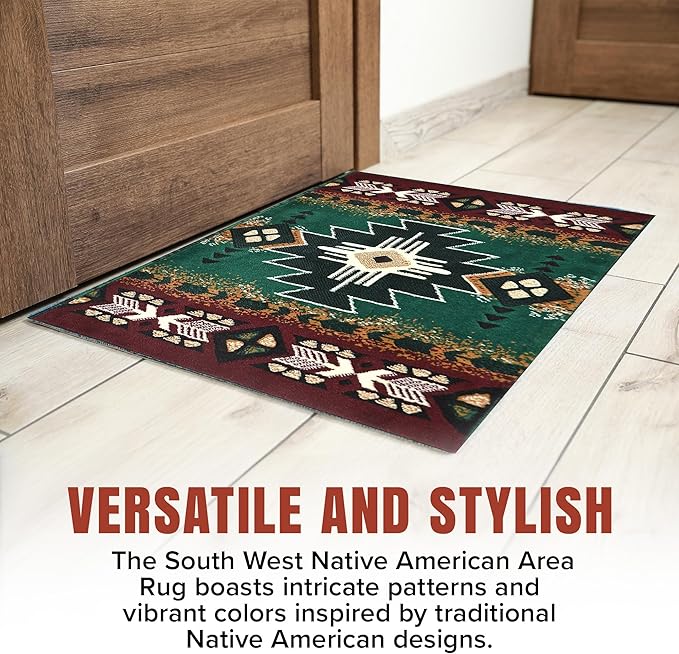 YHSF South West Native American Area Rug C318 - Easy Clean, Thick, Soft, Durable Native Tribal American Indian Inspired Rug for Bedroom/Living Room and More - Hunter Green, 2 Feet x 3 Feet 4 Inches