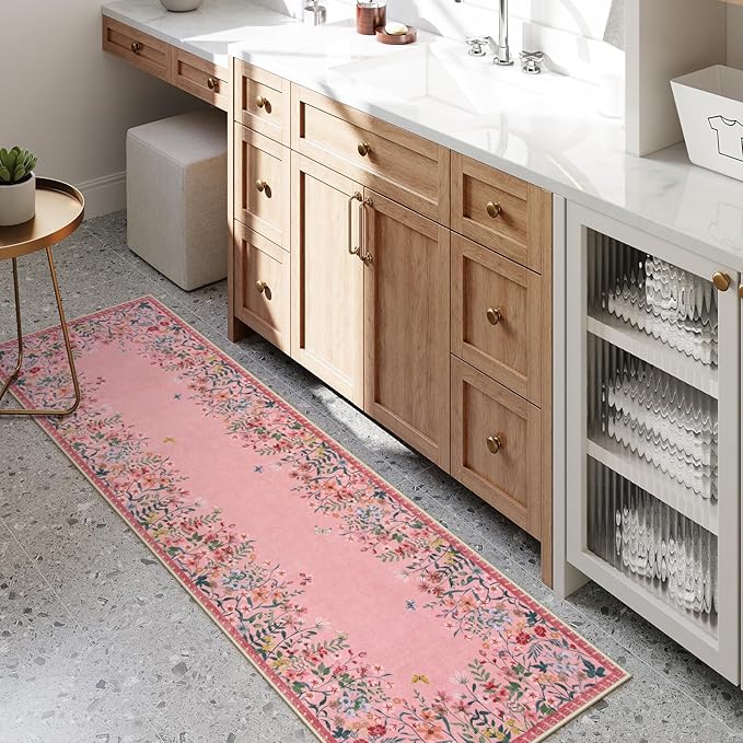 Lahome Boho Floral 2'6"x8 Pink Bathroom Runner Rugs Non Slip Washable,Soft Runners for Hallways,Indoor Carpet Runner with Rubber Backing for Entryway Kitchen Laundry(Pink,2'6"x8)