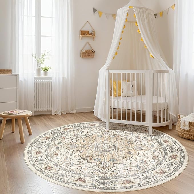 Round Rug Living Room Rugs: 10x10 Washable Boho Neutral Large Circle Soft Indoor Floral Stain Resistant Floor Farmhouse Carpet for Bedroom Nursery Kids Playroom Office Dining Room- Cream Blue