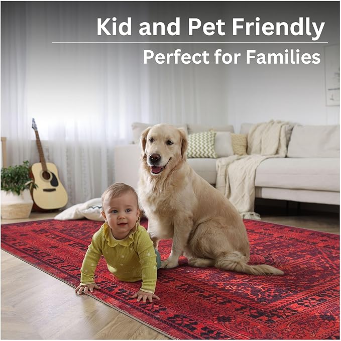 Bloom Rugs Washable Non-Slip 2' x 3' Rug - Red Traditional Bordered Area Rug for Living Room, Bedroom, Dining Room, and Kitchen - Exact Size: 2' x 3'
