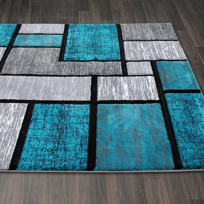Luna 3995 Geometric Area Rug - Modern Abstract Design, Soft Living Room Carpet - Turquoise & Gray, [Size]