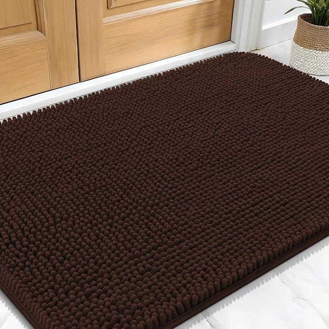 OLANLY Dog Door Mat for Muddy Paws 32x20, Absorbs Moisture and Dirt, Absorbent Non-Slip Washable Doormat, Quick Dry Chenille Mud Mat for Dogs, Entry Indoor Entryway Carpet for Inside Floor, Brown