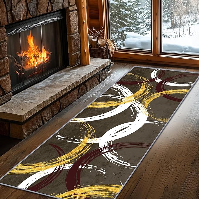 Gold White Red Circle Pattern Runner Rug, 2x8ft Washable Hallway Entrance Rugs - Corridor & Foyer Long Accent Rug, Modern Stylish Decor Carpet for Home Runner Non-Slip Mat