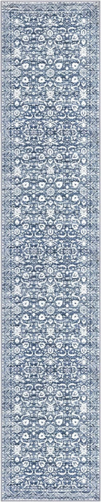 Runner Rug 2.6x12, Light Blue White Washable Long Hallway Rug Runner Non-Slip Soft Kitchen Runner Thin Printed Faux Wool Super Soft Carpet for Entryway Bedroom Laundry Room Indoor Home Decor