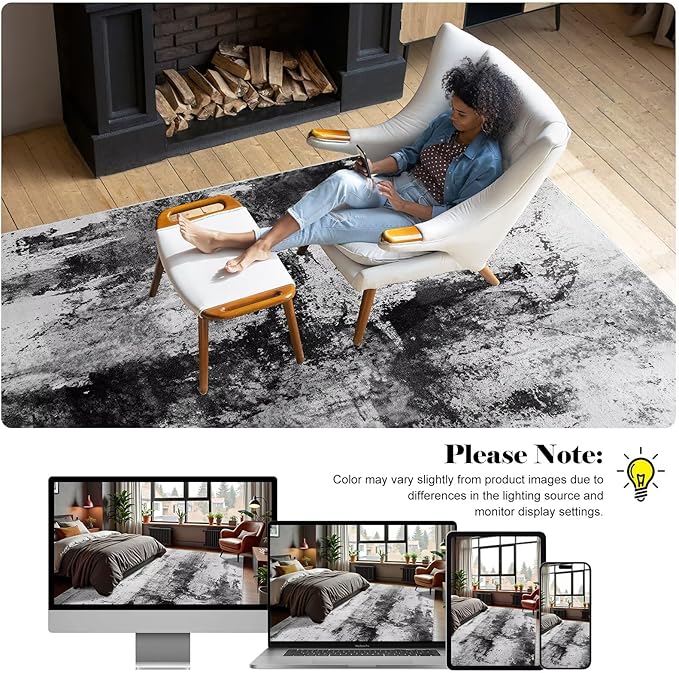Washable Abstract Rug, 5x8 Modern Area Rugs with Non-Slip Rubber Backed for Living Room, Thin but Soft Contemporary Carpet Kitchen Bedroom Dining Room Decor, Black Grey