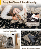 Area Rugs 2'6''x14' Washable Non-Slip, Floral Vintage Distress Print Pattern Medallion Carpet for Living Room Bedroom Dining Room, Black Brown Neutral Dark Tan