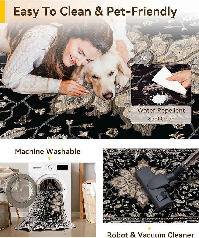Area Rugs 2'x7' Washable Non-Slip, Floral Vintage Distress Print Pattern Medallion Carpet for Living Room Bedroom Dining Room, Black Brown Neutral Dark Tan