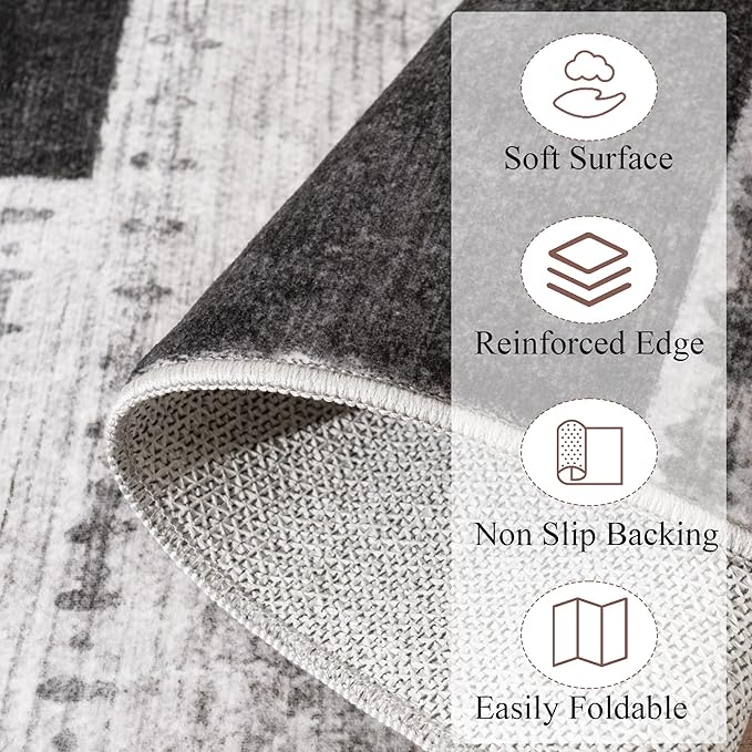 Modern Geometric Patchwork Indoor Area Rug for Living Room, Charcoal 4'x 6' Large Rug Rockwood Collection Hardwood Floors Decor for Bedroom, Grey Throw Carpet for Office Entryway Dining Room